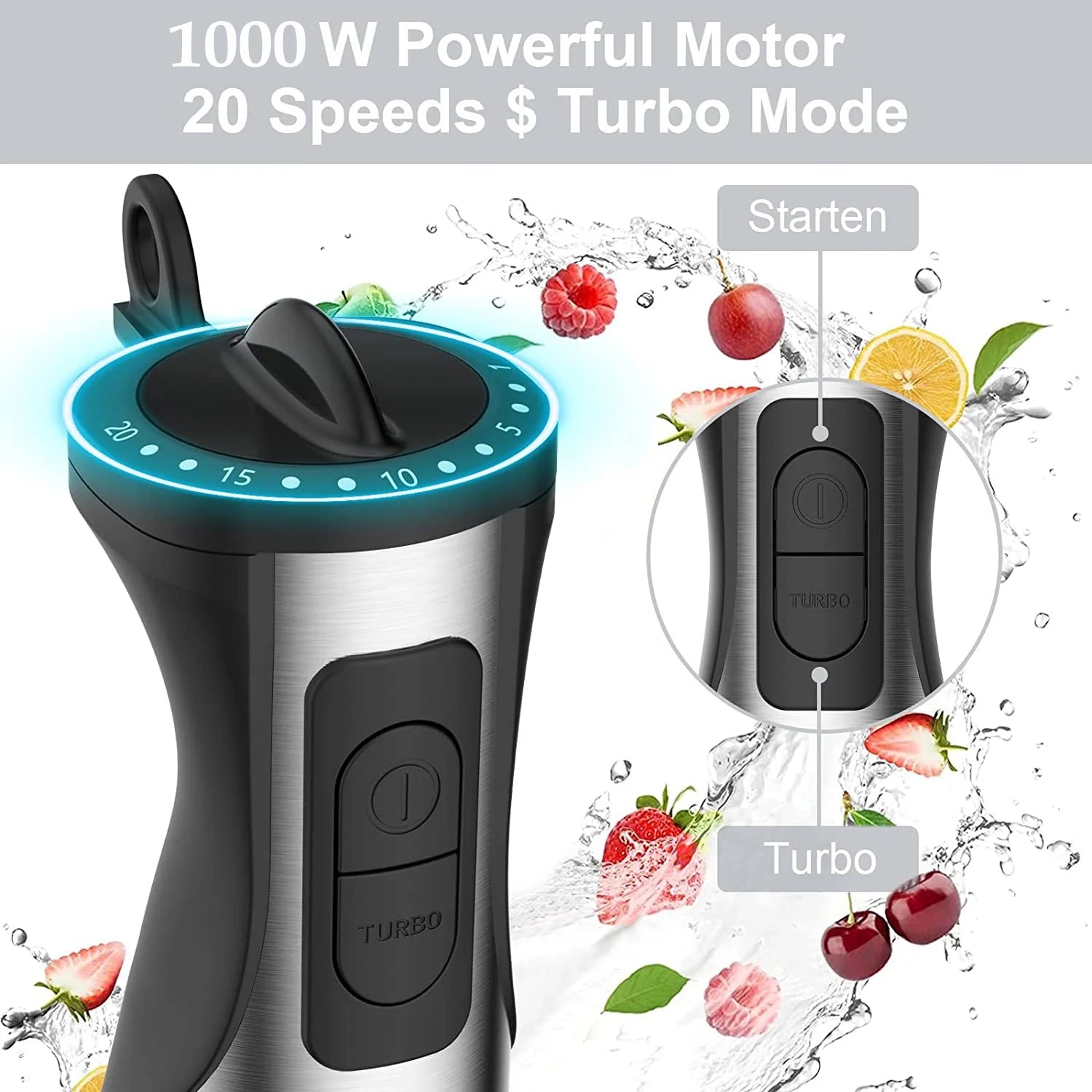 20-Speed Immersion Hand Blender, 5-In-1 Powerful 1000W Blender Whisk and Mini Chopper with 600Ml Beaker
