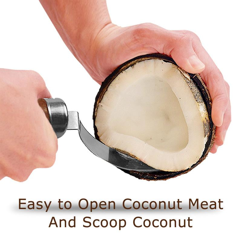 2 PCS Coconut Opener Tool Set Coconut Meat Remover Stainless Steel Coconut Opener Scraper Knife Coconut Punch Tool with Durable Non-Slip Wooden Handle Scraper