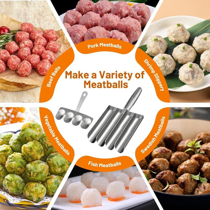 4-In-1 Meatball Maker Tool - Creative Stainless Steel Kitchen Triple Meatball Scoop Ball Maker Tool with Three Tubes, Metal, Easy Home Cooking Tool Utensils 4-Scoop