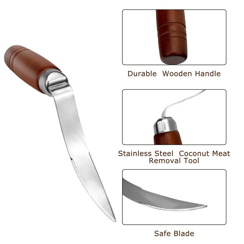 2 PCS Coconut Opener Tool Set Coconut Meat Remover Stainless Steel Coconut Opener Scraper Knife Coconut Punch Tool with Durable Non-Slip Wooden Handle Scraper