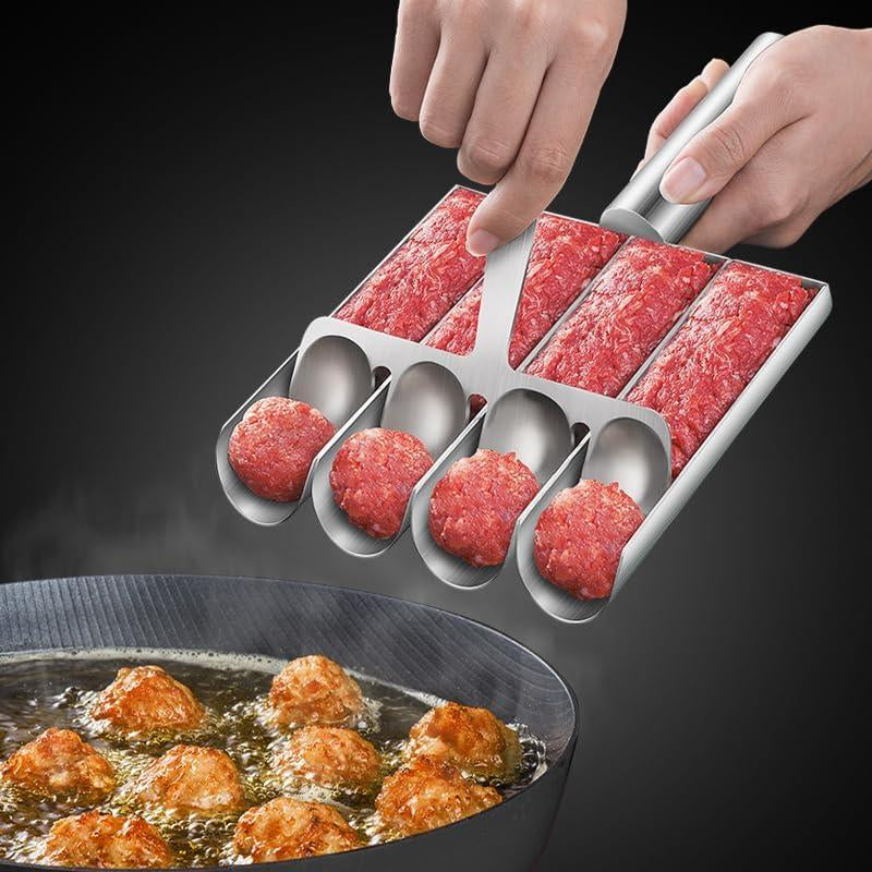 4-In-1 Meatball Maker Tool - Creative Stainless Steel Kitchen Triple Meatball Scoop Ball Maker Tool with Three Tubes, Metal, Easy Home Cooking Tool Utensils 4-Scoop