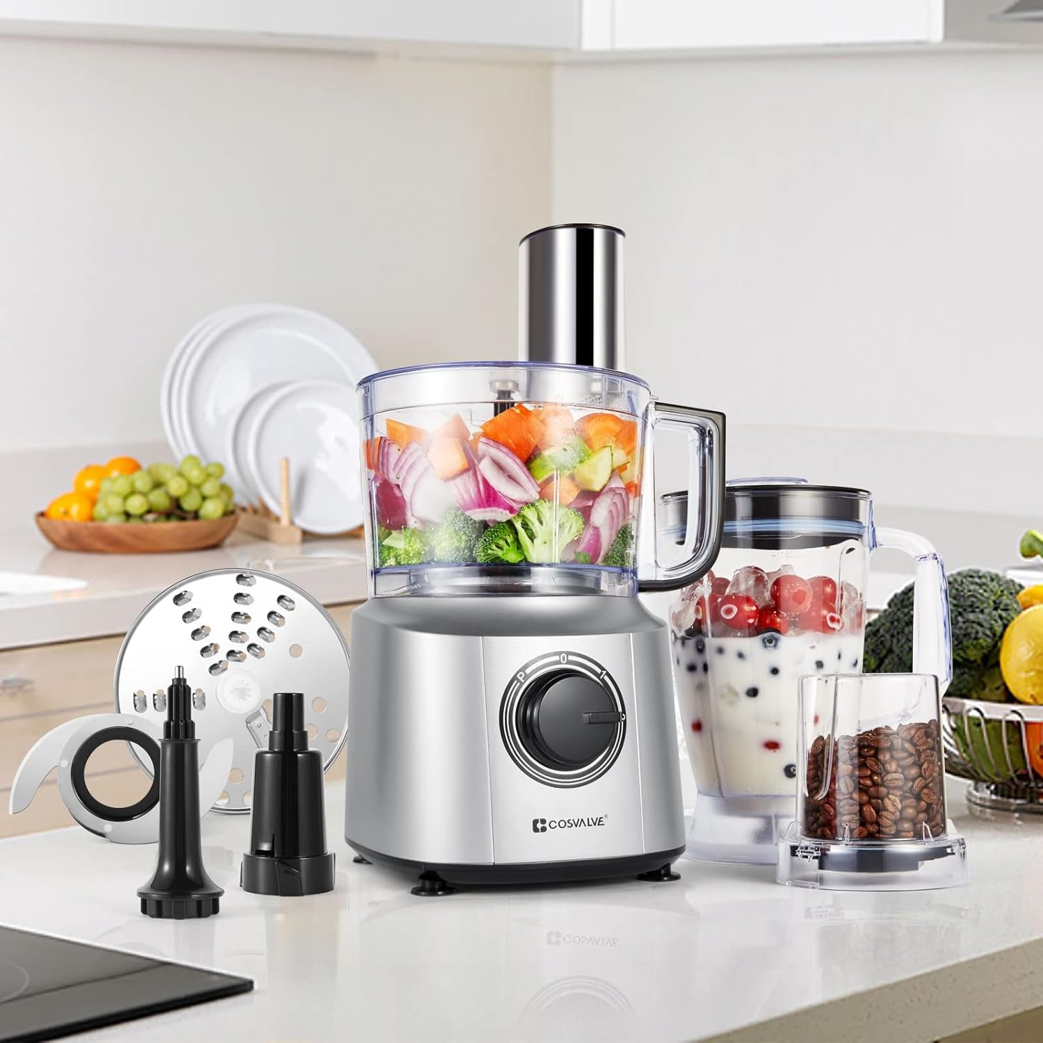 Small Food Processors 550 Watt Electric Food Chopper 10 Cup/1.4L Blender Food Processor Combo Low Noise & Simple Operation for Slicing, Grater, Blender, Dryer Grinder, Meat Grinder, Easy to Clean (Silver)