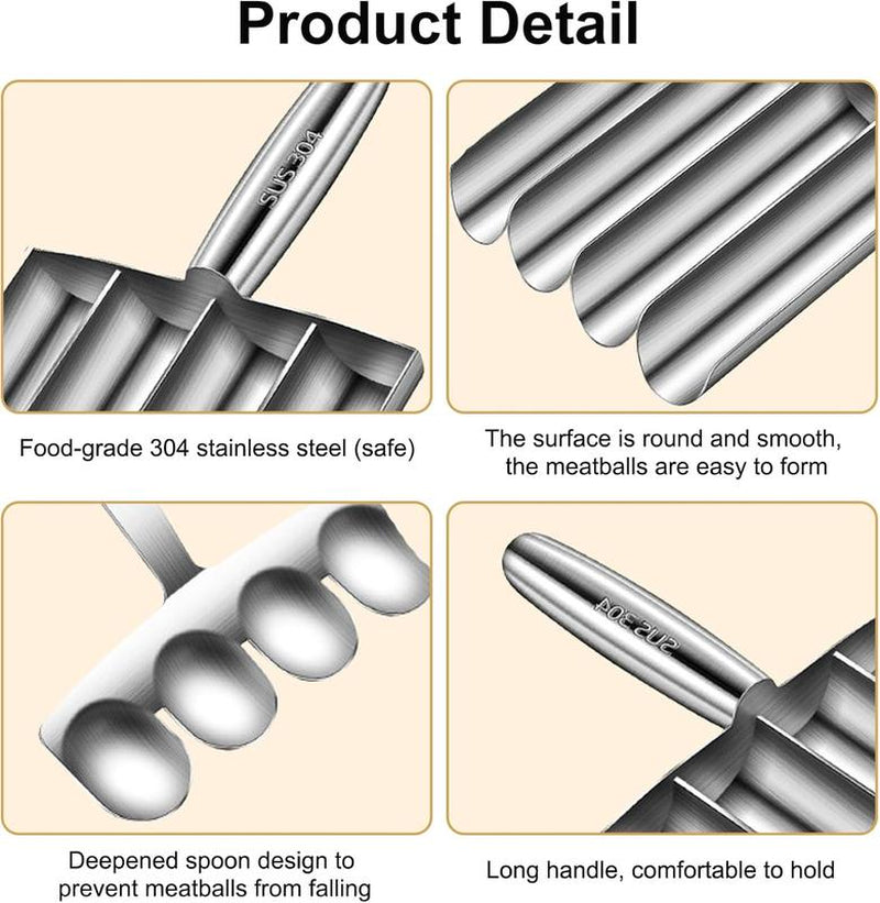4-In-1 Meatball Maker Tool - Creative Stainless Steel Kitchen Triple Meatball Scoop Ball Maker Tool with Three Tubes, Metal, Easy Home Cooking Tool Utensils 4-Scoop