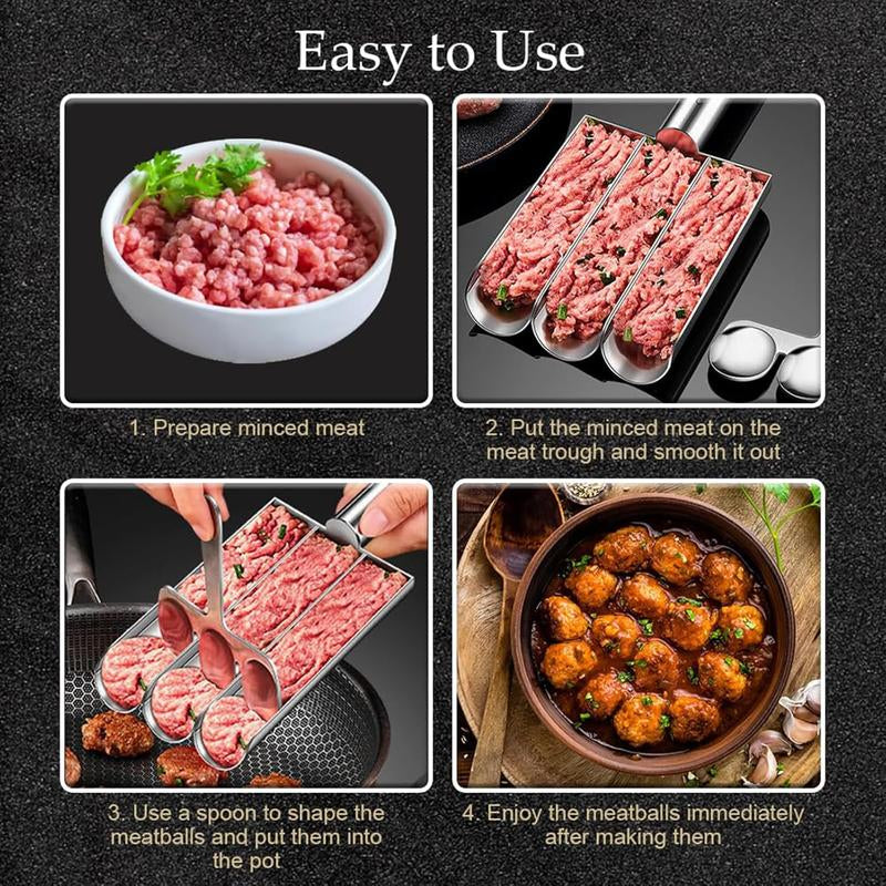 4-In-1 Meatball Maker Tool - Creative Stainless Steel Kitchen Triple Meatball Scoop Ball Maker Tool with Three Tubes, Metal, Easy Home Cooking Tool Utensils 4-Scoop