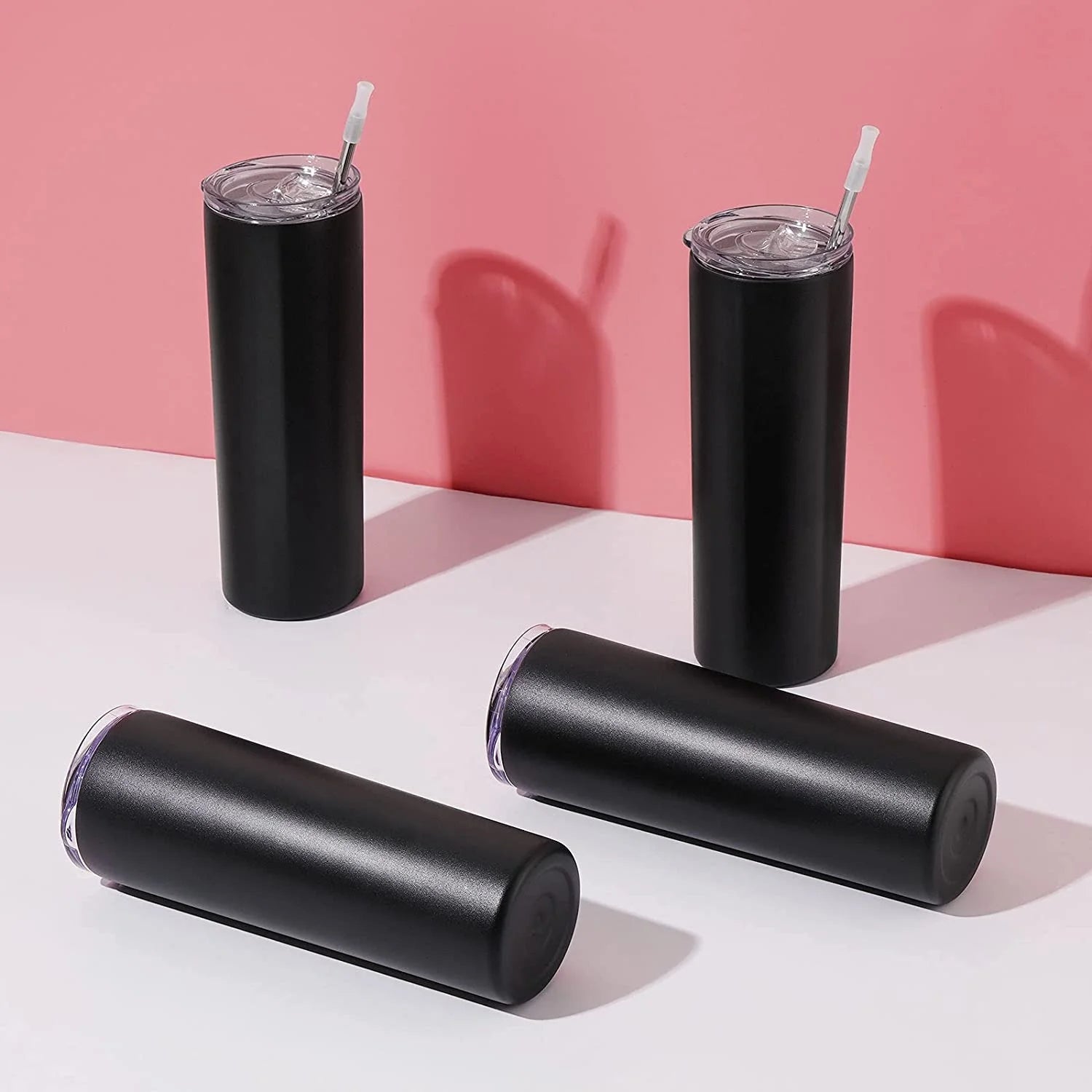 4 Pack Stainless Steel Skinny Travel Tumblers with Lid and Straw , 20 Oz Double Wall Vacuum Insulated Slim Water Tumbler Cup, Black