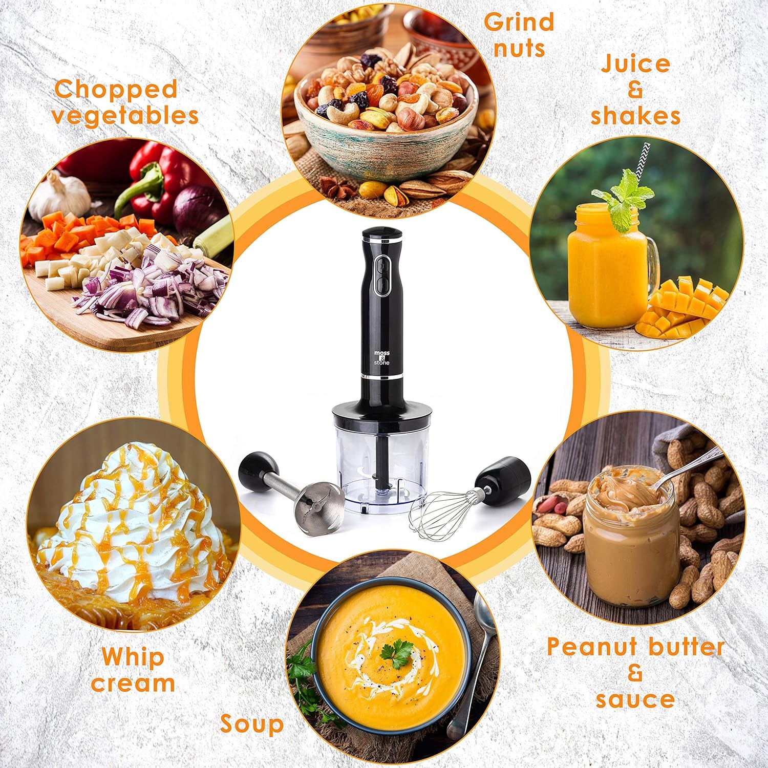 Hand Blender Electric with Egg Whisk & Chopper, Powerful 300 Watt Immersion Hand Blender Set, Hand Mixer Set Stainless Steel Shaft & Blades, Black Handheld Blender with Ergonomic Handle