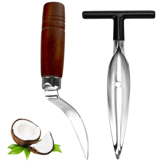 2 PCS Coconut Opener Tool Set Coconut Meat Remover Stainless Steel Coconut Opener Scraper Knife Coconut Punch Tool with Durable Non-Slip Wooden Handle Scraper