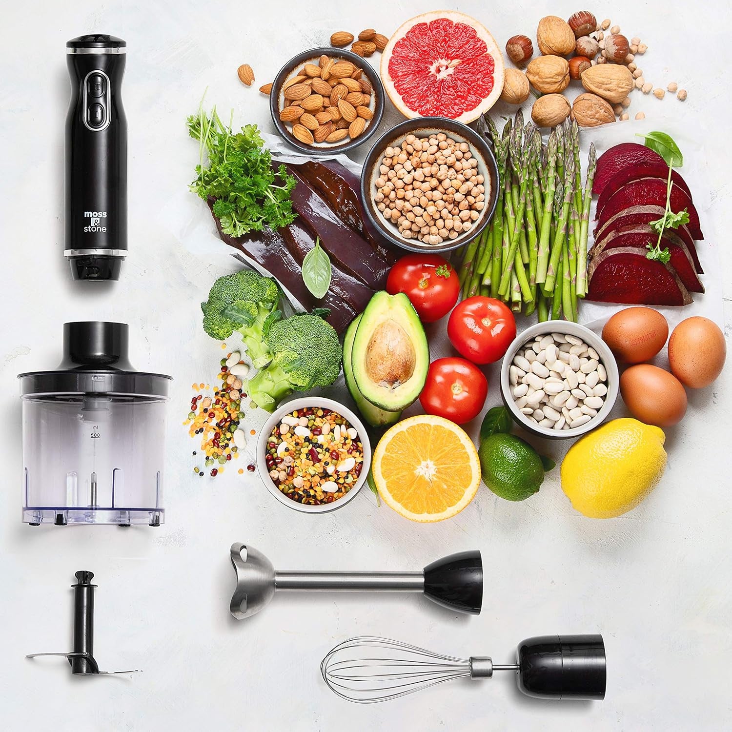 Hand Blender Electric with Egg Whisk & Chopper, Powerful 300 Watt Immersion Hand Blender Set, Hand Mixer Set Stainless Steel Shaft & Blades, Black Handheld Blender with Ergonomic Handle