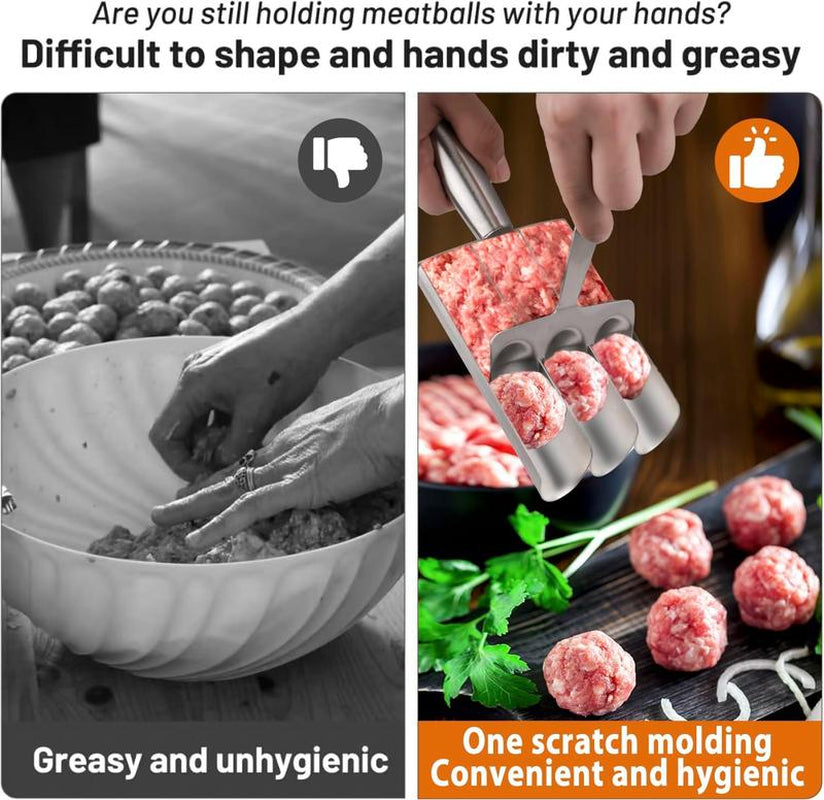 4-In-1 Meatball Maker Tool - Creative Stainless Steel Kitchen Triple Meatball Scoop Ball Maker Tool with Three Tubes, Metal, Easy Home Cooking Tool Utensils 4-Scoop